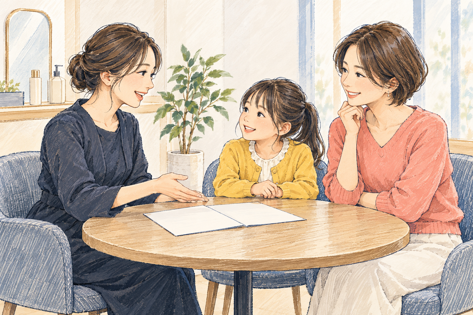 女性スタッフが親子にカウンセリングしている様子(イメージイラスト)