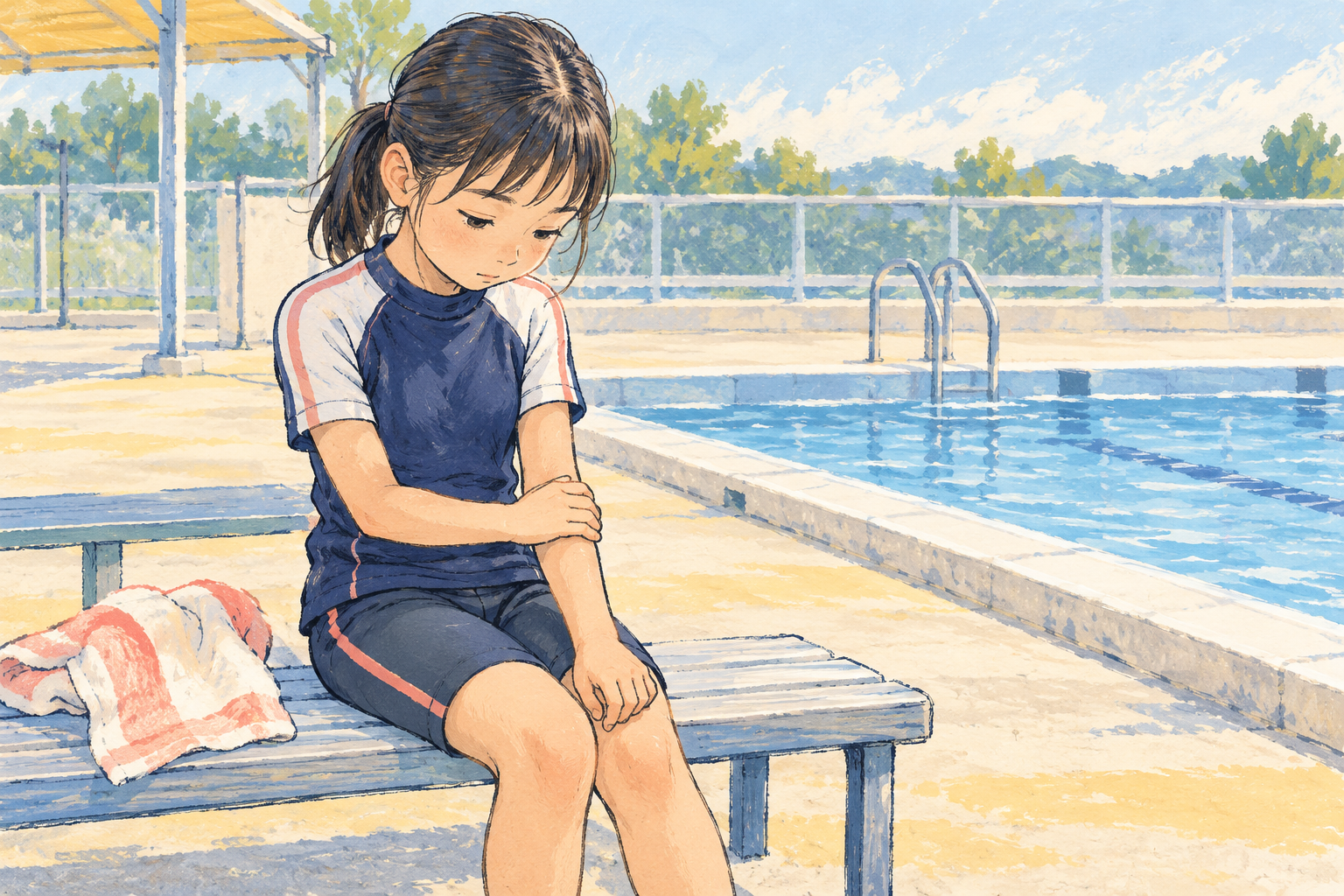 プールサイドで自分の腕を気にする女の子(イメージイラスト)