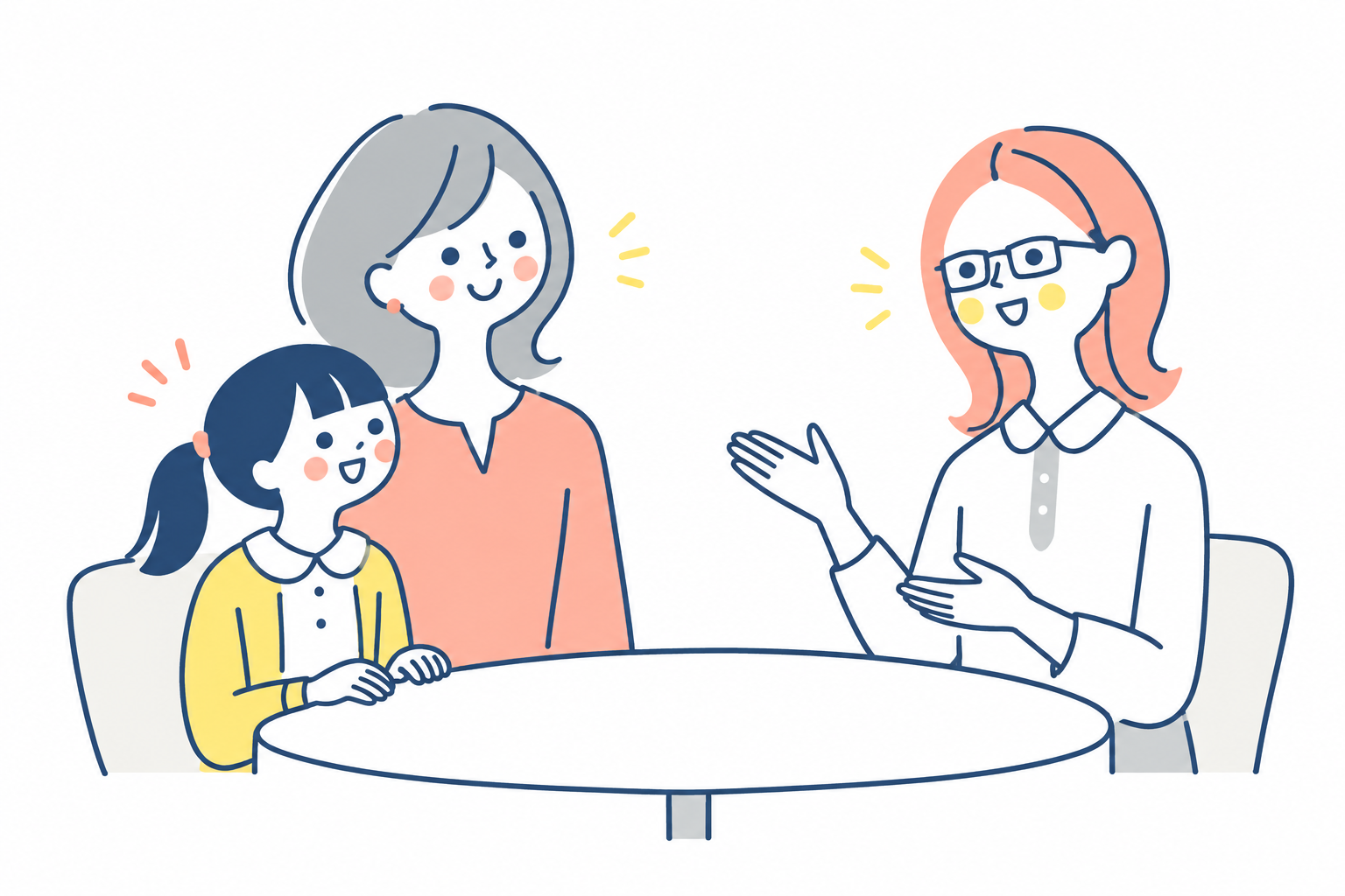 女性スタッフが親子にカウンセリングしている様子（イメージイラスト）