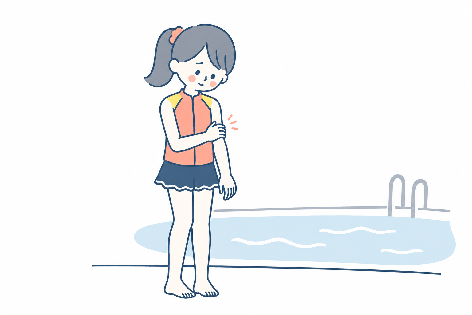 プールサイドで自分の腕を気にする女の子（イメージイラスト）